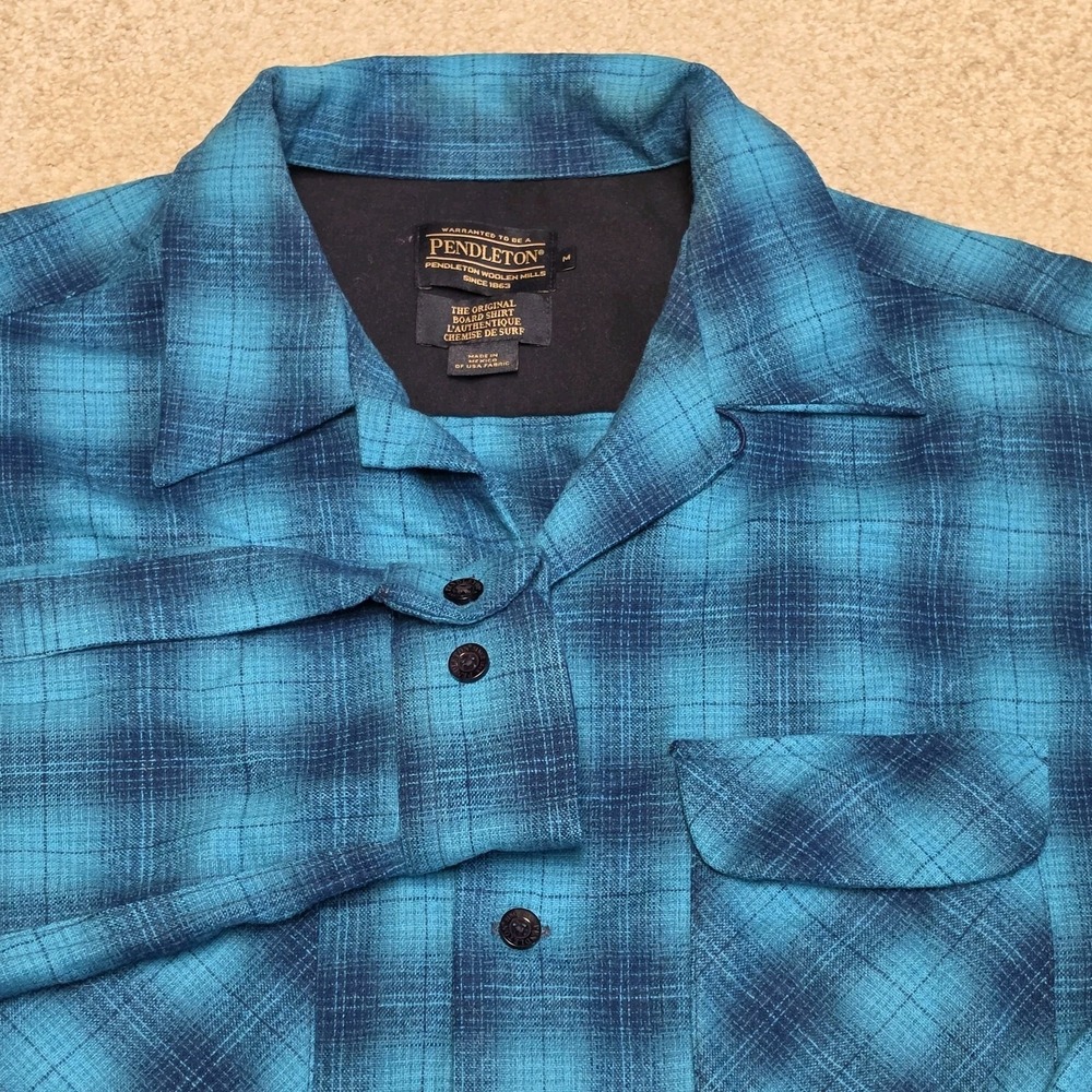 Pendleton The Original Board Shirt Mens M Blue Plaid Wool Tartan Loop Collar